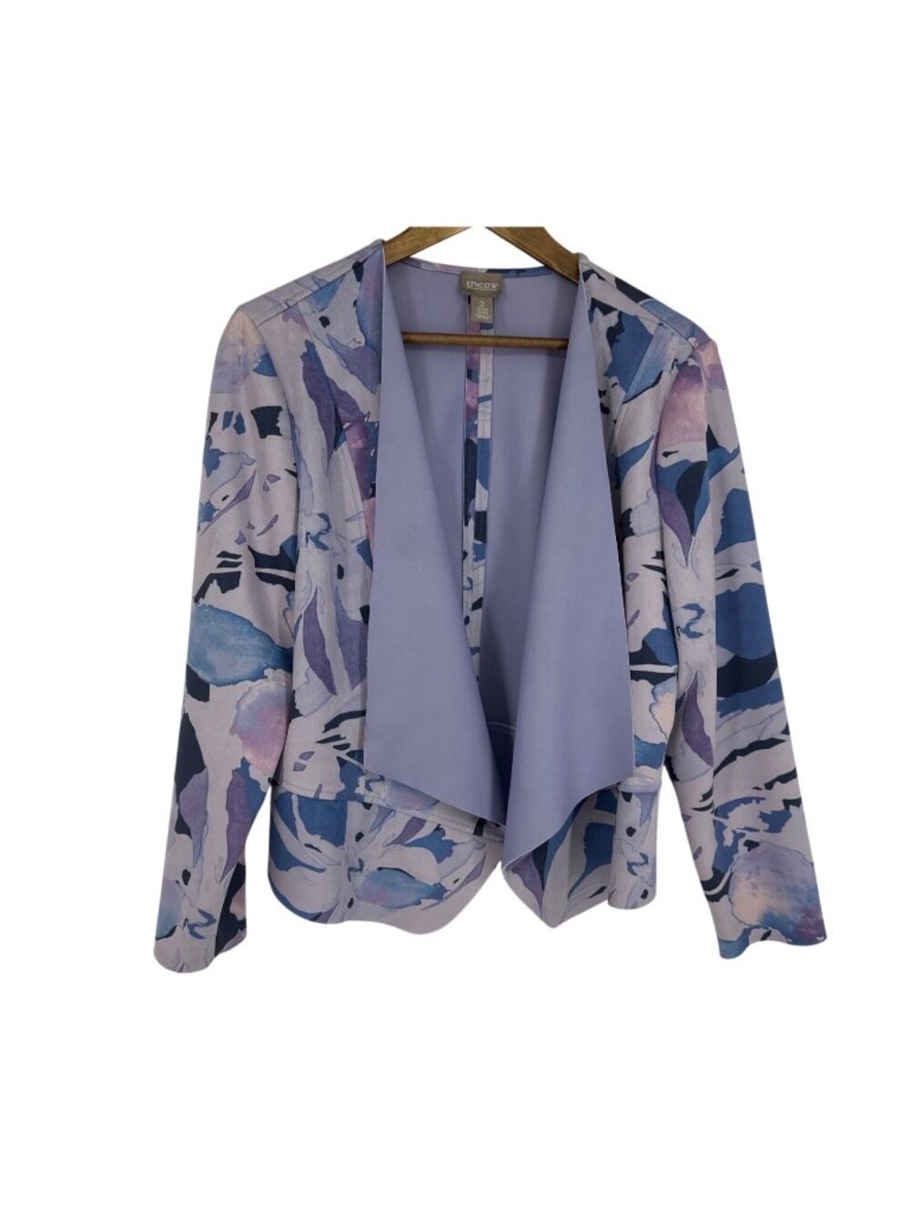 Chicos Open Front Watercolor Floral Blazer Jacket Purple & Blue Size 2 US L